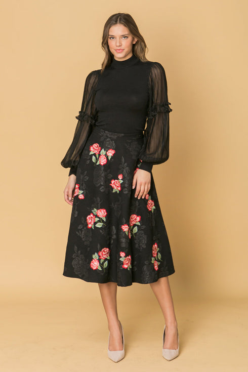 rose-embroidery-midi-skirt Flying Tomato-Sophia's StyleSKIRTS-1