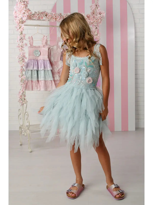 Girls Sky Blue Fleur Emma Party Tutu Dress, Size 6X7
