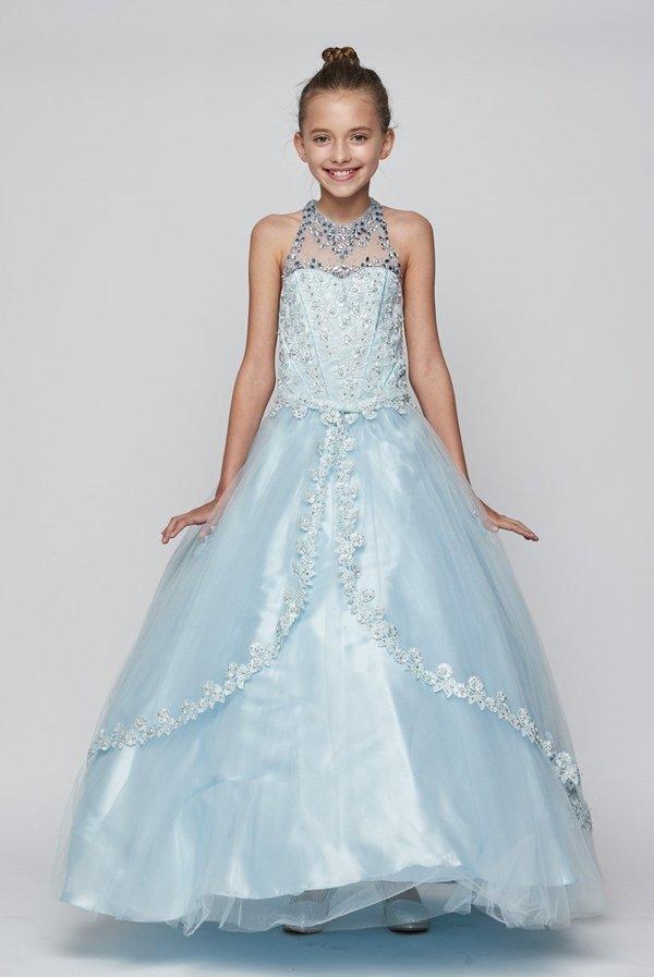 Girls Blue Dazzling Rhinestone Pearls Halter Neck Pageant Dress