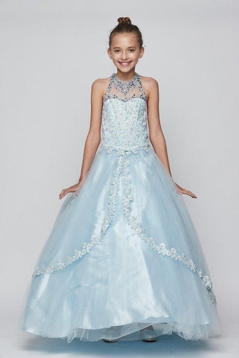 Big Girls Blue Dazzling Rhinestone Pearls Halter Neck Pageant Dress 8-16 - SophiasStyle.com