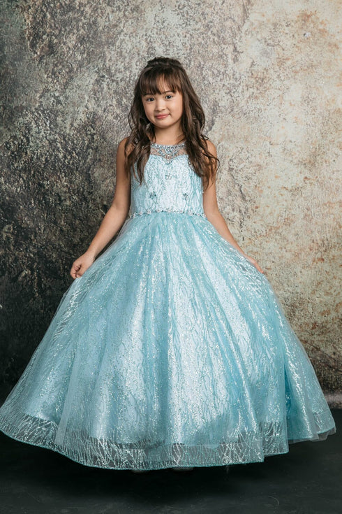 Big Girls Blue Jewel Illusion Neckline Pageant Dress 8-16 - SophiasStyle.com