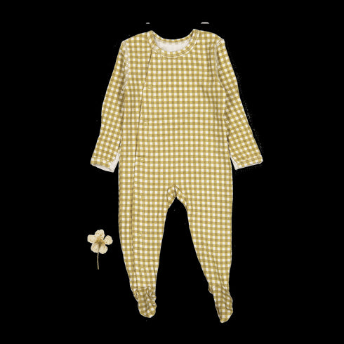 the-printed-snap-romper-golden-gingham Lovely Littles - Sophia's StyleFront Snap Romper-1