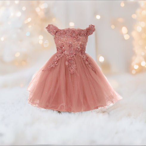 Baby Girls Dusty Rose 3D Floral Lentejuelas Tul Fuera del hombro Vestido de niña de las flores 6-24M