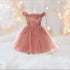 Baby Girls Dusty Rose 3D Floral Lentejuelas Tul Fuera del hombro Vestido de niña de las flores 6-24M