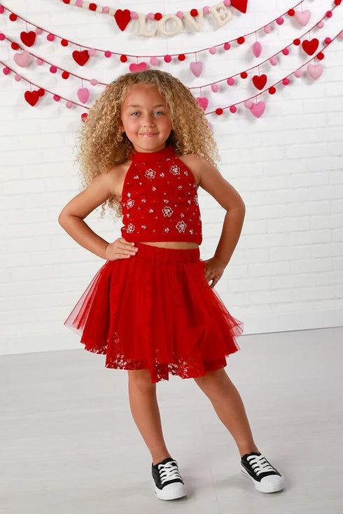 Girls Festive Red Embellished Tulle Skirt Set Kenna 2 Pcs Outfit 12M-14