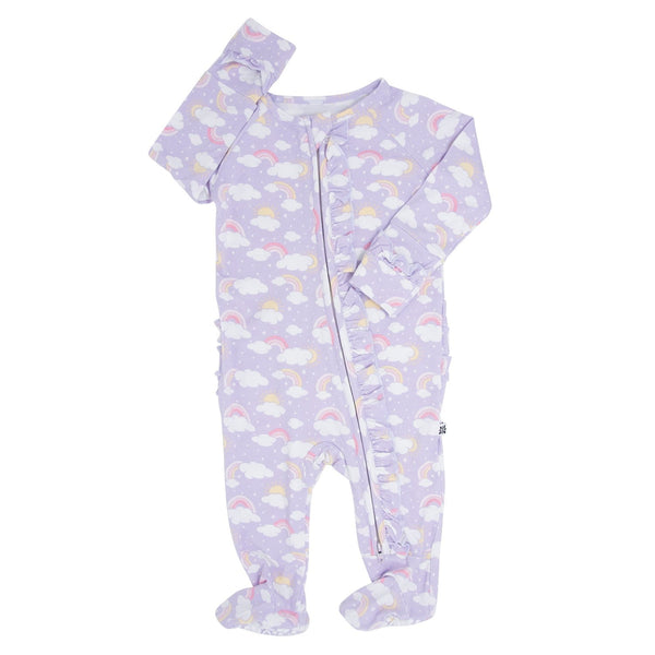lavender-rainbows-and-clouds-ruffle-baby-footie Sweet Bamboo - Sophia's StyleRuffle Footies-1