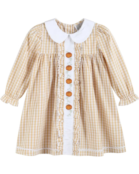light-brown-gingham-pumpkin-vine-ruffle-dress-lil-cactus-sophias-style-1