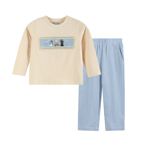 light-brown-nativity-smocked-shirt-and-blue-pants-lil-cactus-sophias-styleTop and Pants Set-1