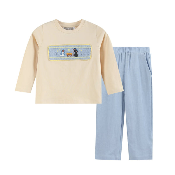 light-brown-nativity-smocked-shirt-and-blue-pants-lil-cactus-sophias-styleTop and Pants Set-1