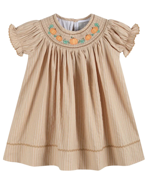 light-brown-pinstripe-pumpkin-smocked-bishop-dress-lil-cactus-sophias-styleDress-1