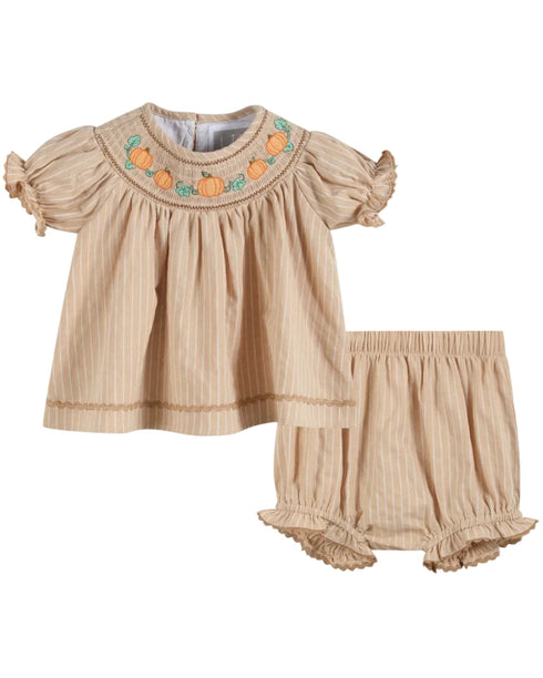 light-brown-pinstripe-pumpkin-smocked-dress-and-bloomer-set-lil-cactus-sophias-styleDress and Bloomer Set-1