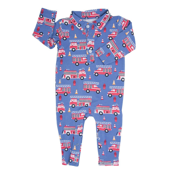 blue-fire-truck-long-sleeve-polo-romper Sweet Bamboo - Sophia's StyleRompers-1