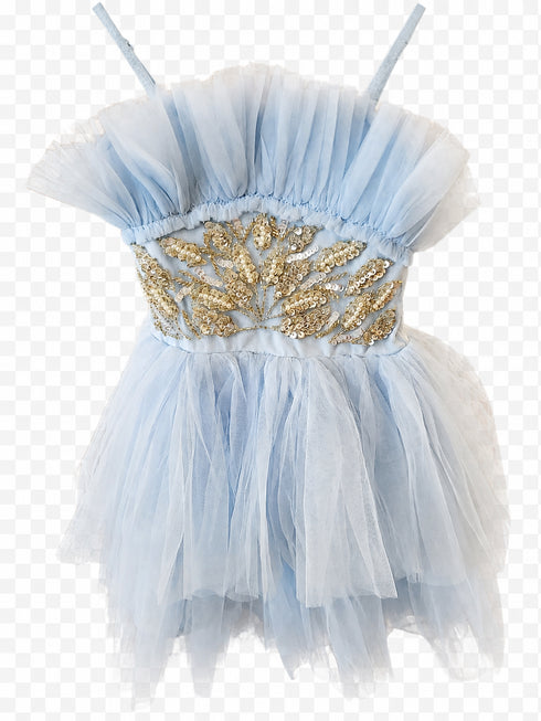 Girls Sky Blue Gold Embroidered Ruffle Tulle Lyli Party Dress 12M-14
