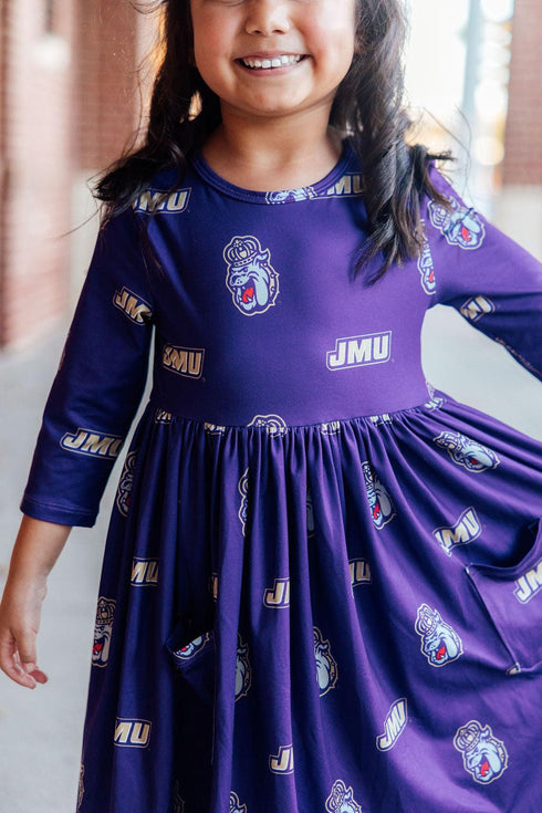 jmu-purple-duke-dog-3-4-sleeve-pocket-twirl-dress-Sophia's Style-3