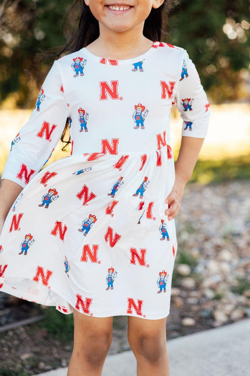 nebraska-white-herbie-husker-3-4-sleeve-pocket-twirl-dress-sophias-style-2