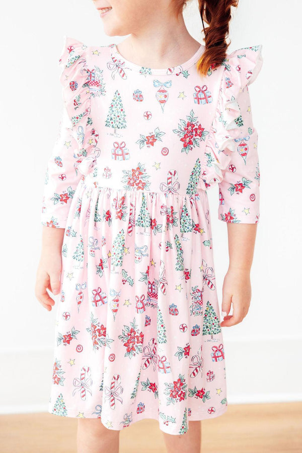 pink-christmas-3-4-sleeve-ruffle-twirl-dress Mila & Rose - Sophia's StyleTwirl Ruffle Dress 3/4-1