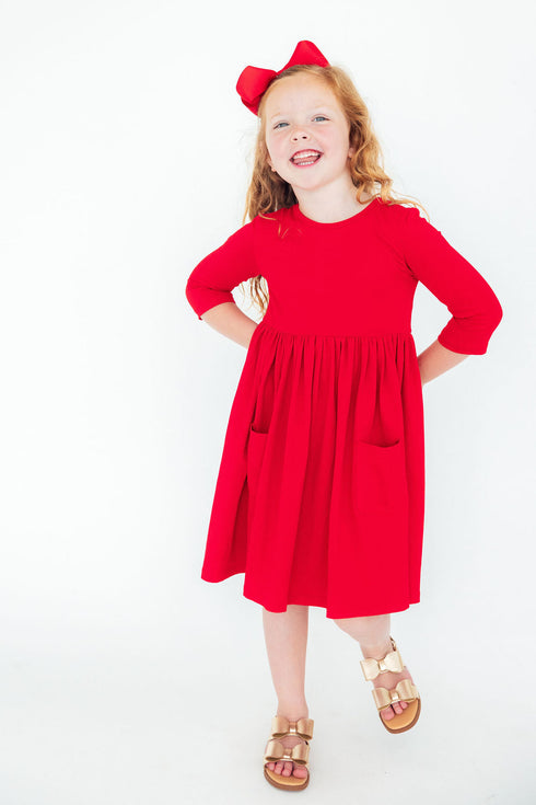red-3-4-sleeve-pocket-twirl-dress Mila & Rose - Sophia's StyleTwirl Pocket Dress 3/4-1