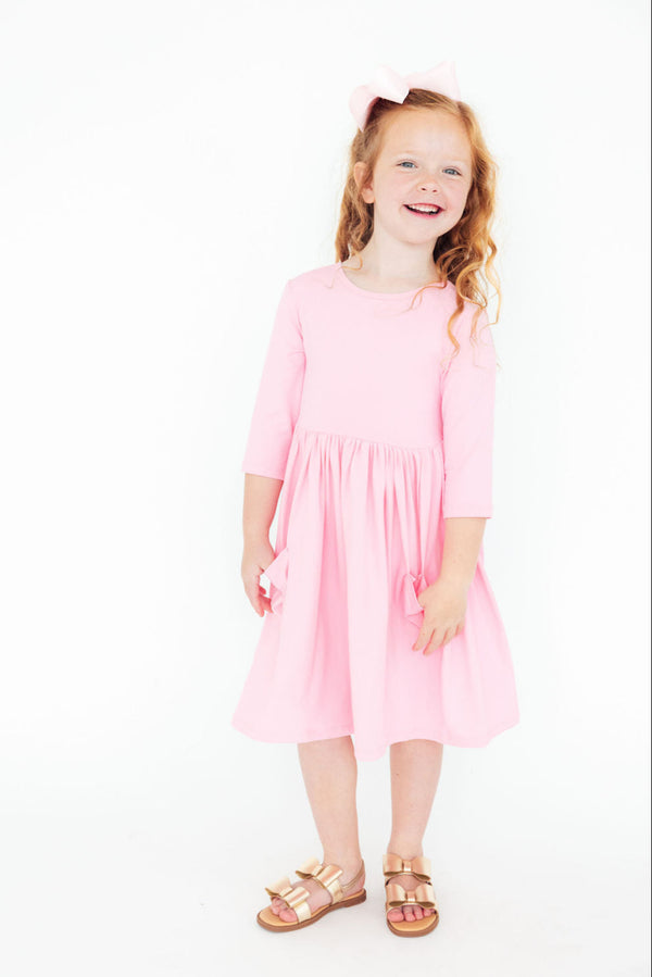 bubblegum-pink-3-4-sleeve-pocket-twirl-dress Mila & Rose - Sophia's StyleTwirl Pocket Dress 3/4-1