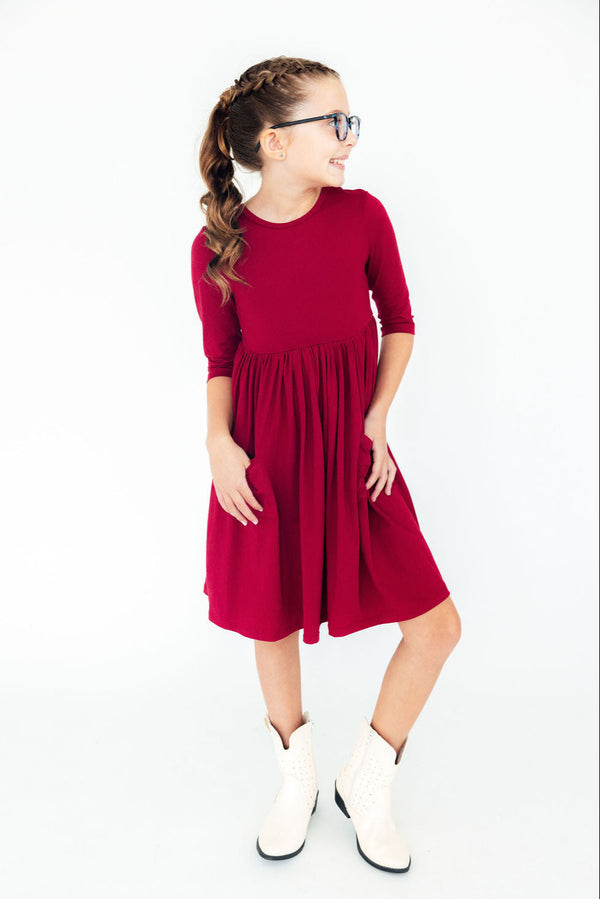 burgundy-3-4-sleeve-pocket-twirl-dress Mila & Rose - Sophia's StyleTwirl Pocket Dress 3/4-1