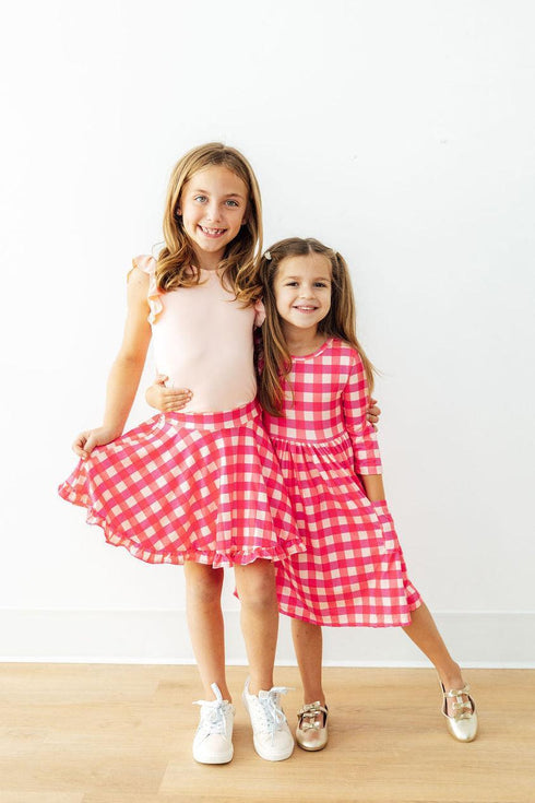 hot-pink-gingham-3-4-sleeve-pocket-twirl-dress-Sophia's Style-2