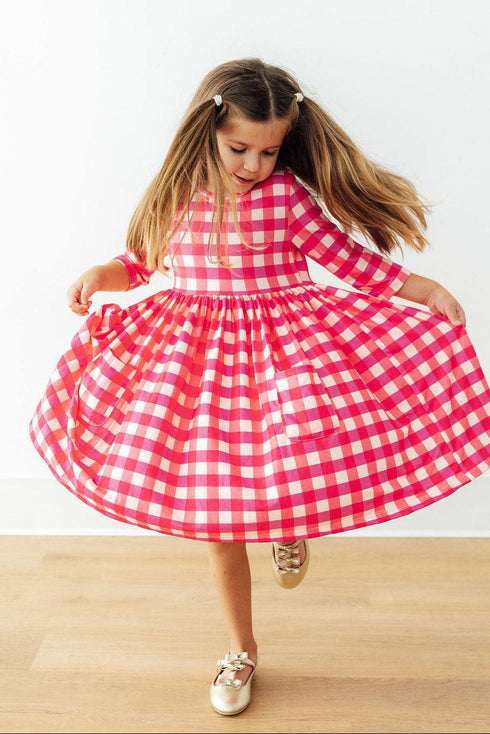 hot-pink-gingham-3-4-sleeve-pocket-twirl-dress-Sophia's StyleTwirl Pocket Dress 3/4-1