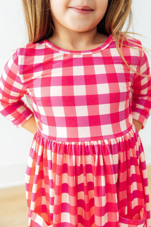 hot-pink-gingham-3-4-sleeve-pocket-twirl-dress-Sophia's Style-3