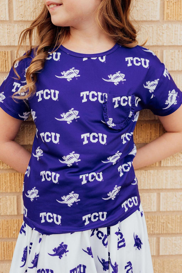 tcu-purple-frog-ruffle-pocket-tee Mila & Rose - Sophia's StyleRuffle Pocket Tee-1