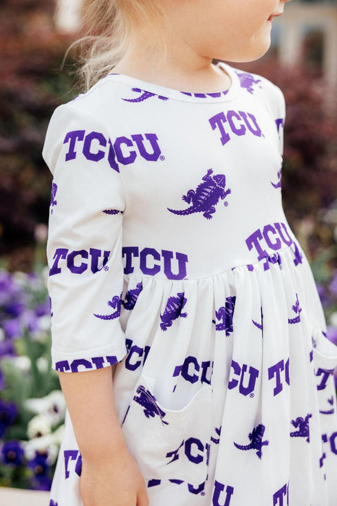 tcu-white-frog-3-4-sleeve-pocket-twirl-dress Mila & Rose - Sophia's StyleTwirl Pocket Dress 3/4-1
