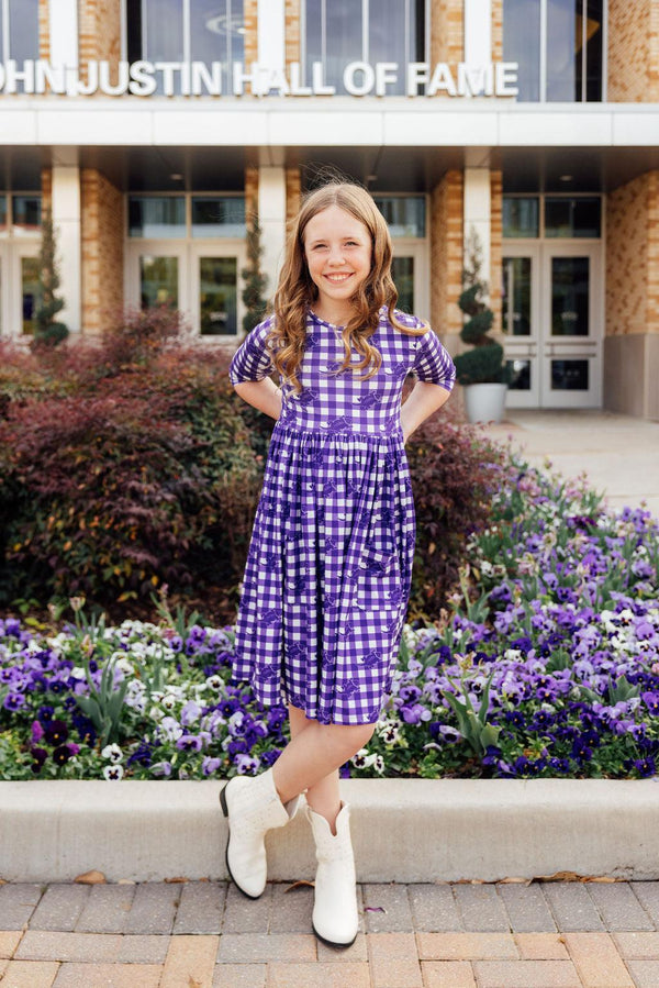 tcu-plaid-frog-3-4-sleeve-pocket-twirl-dress Mila & Rose - Sophia's StyleTwirl Pocket Dress 3/4-1