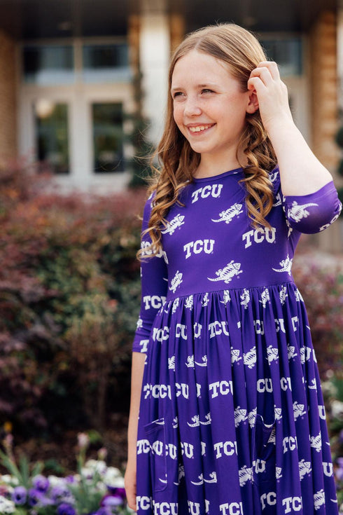 tcu-purple-frog-3-4-sleeve-pocket-twirl-dress Mila & Rose - Sophia's Style-3
