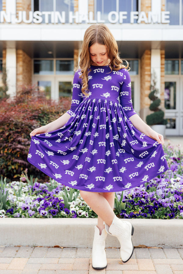 tcu-purple-frog-3-4-sleeve-pocket-twirl-dress Mila & Rose - Sophia's StyleTwirl Pocket Dress 3/4-1