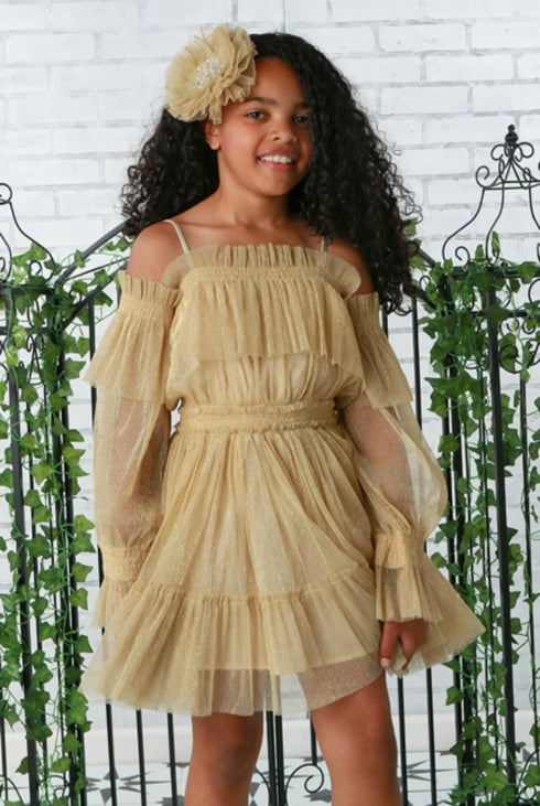 Girls Avery Gold Sparkle Cold-Shoulder Party Dress 12M-14