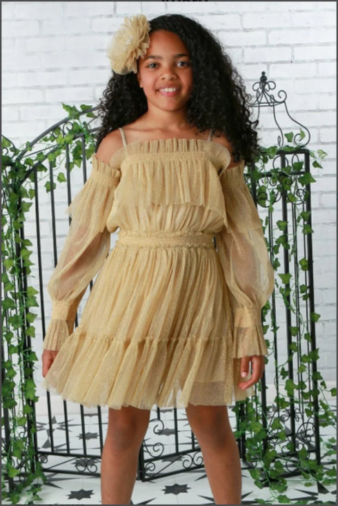 Girls Avery Gold Sparkle Cold-Shoulder Party Dress 12M-14