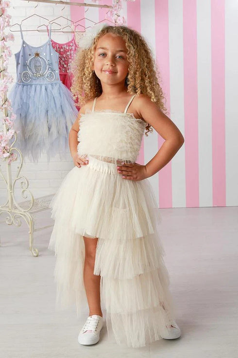 Girls Cream Tulle High Low Piaf Skirt Set Outfit, Sizes 12M-14