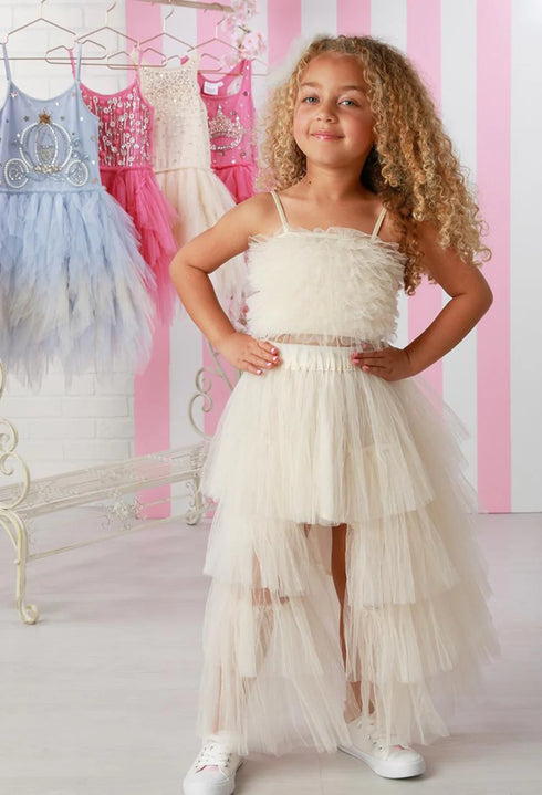 Girls Cream Tulle High Low Piaf Skirt Set Outfit, Sizes 12M-14