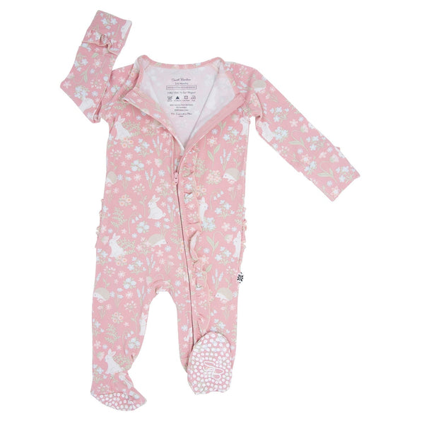 pink-bunny-floral-baby-ruffle-footie Sweet Bamboo - Sophia's StyleRuffle Footies-1