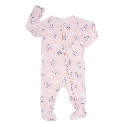 pink-butterfly-daisy-bamboo-ruffle-footie Sweet Bamboo - Sophia's StyleRuffle Footies-1