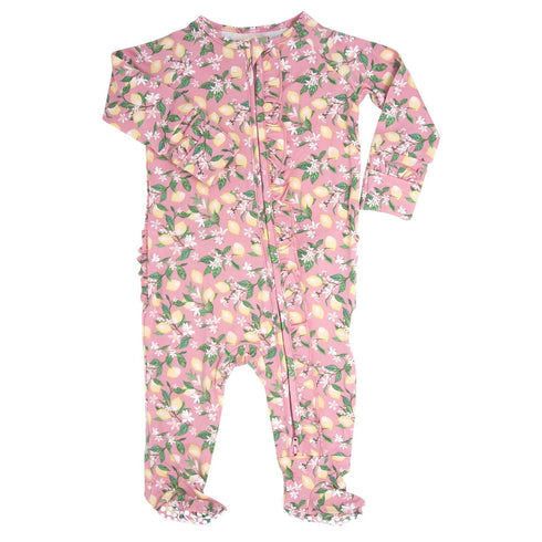 pink-lemon-floral-print-ruffle-footie Sweet Bamboo - Sophia's StyleRuffle Footies-1
