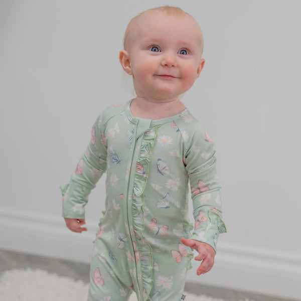 mint-butterfly-daisy-bamboo-ruffle-baby-footie Sweet Bamboo - Sophia's StyleRuffle Footies-1