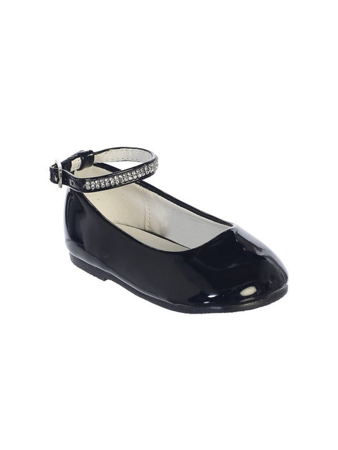 Girls Black Patent Rhinestone Encrusted Ankle Strap Flats 9 Toddler-5 Kids - SophiasStyle.com