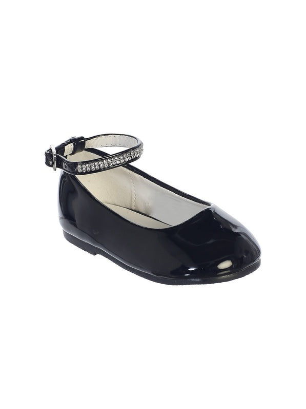 Girls Black Patent Rhinestone Encrusted Ankle Strap Flats 9 Toddler-5 Kids - SophiasStyle.com
