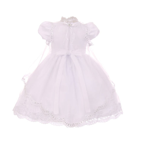RainKids Baby Girls White Lace Bow Organza Cape Hat Dress Baptism Set 0M - SophiasStyle.com