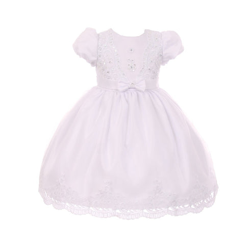 RainKids Baby Girls White Lace Bow Organza Cape Hat Dress Baptism Set 0M - SophiasStyle.com