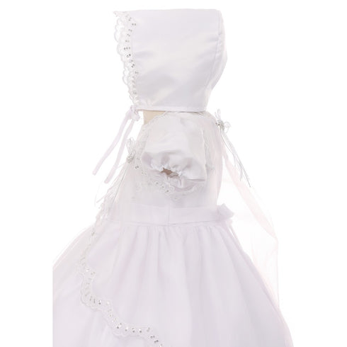 RainKids Baby Girls White Lace Bow Organza Cape Hat Dress Baptism Set 0M - SophiasStyle.com
