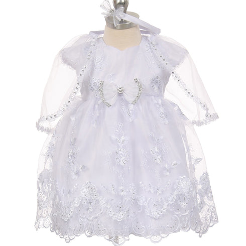The Rain Kids Baby Girls White Short Sleeve Organza Cape Baptism Dress 0-24M - SophiasStyle.com