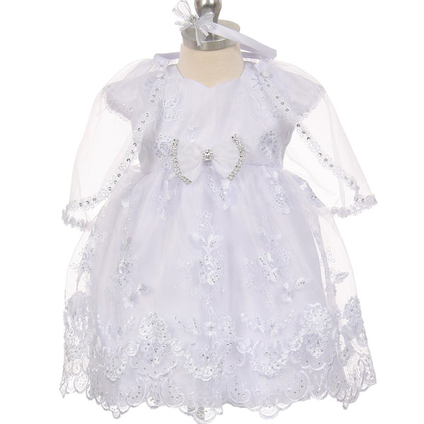 The Rain Kids Baby Girls White Short Sleeve Organza Cape Baptism Dress 0-24M - SophiasStyle.com