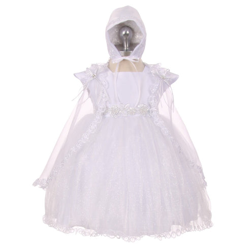 RainKids Baby Girls White Sparkly Tulle Cape Bonnet Christening Dress 0-24M - SophiasStyle.com