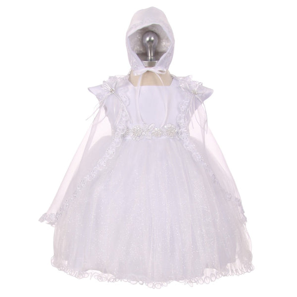 RainKids Baby Girls White Sparkly Tulle Cape Bonnet Christening Dress 0-24M - SophiasStyle.com