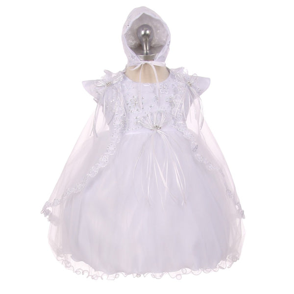 RainKids Baby Girls White Organza Tulle Cape Bonnet Christening Dress 0-24M - SophiasStyle.com