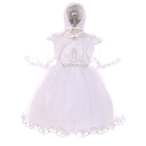 RainKids Baby Girls White Virgin Mary Detail Bonnet Cape Christening Dress 3-24M - SophiasStyle.com